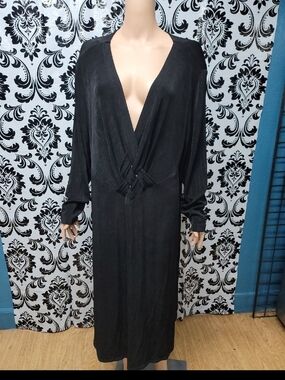 Black Midi Dress with Deep V-Neck and Knot Detail